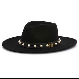 Henri Bendel Black Wide-Brim Hat with Pearl Accents